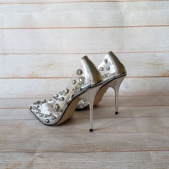 Good American Jeweled Emma Gem Pointy Toe Translucent Stiletto Heels Pumps - Picture 9 of 16